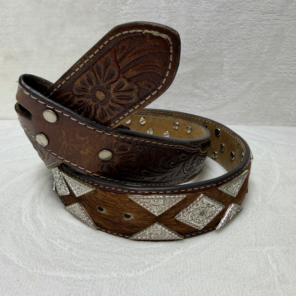 NOCONA Mens Diamond Conch Calf Hair Leather Western Studded Belt 32 *NO‎ BUCKLE*